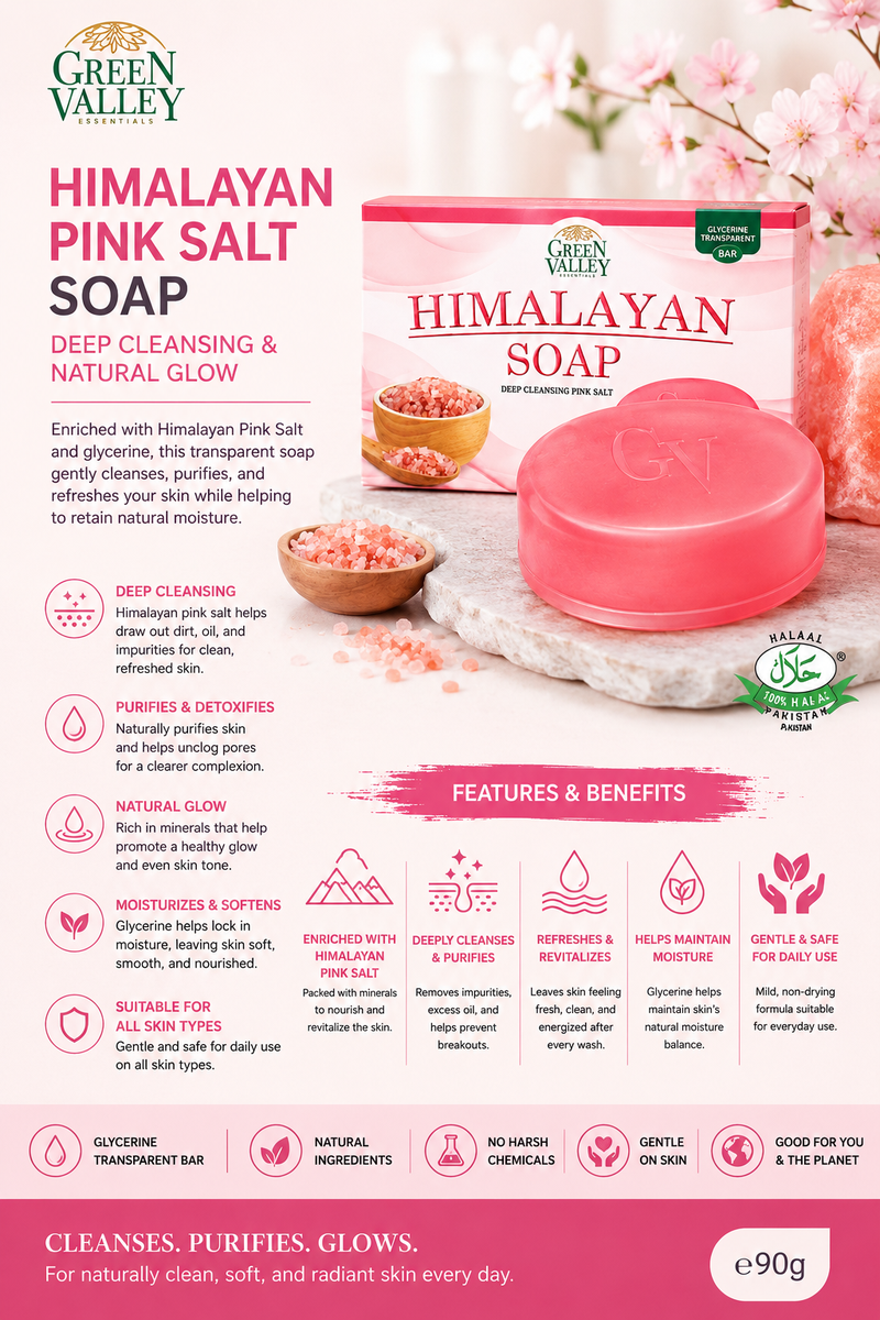 Green Valley Himalayan Pink Salt Glycerine Soap Bar 90g | Deep Cleansing Moisturizing Body Soap