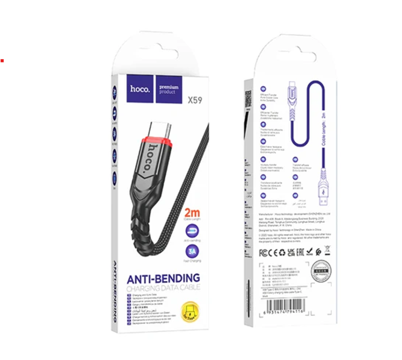 HOCO X59 USB-A to USB-C Fast Charging Cable 3A 2M Braided Data Sync Charging Cable