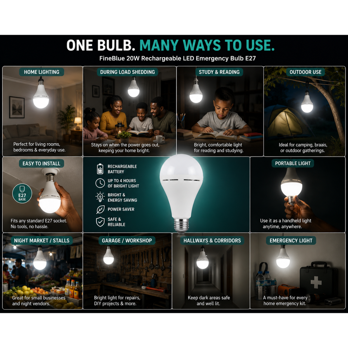 FineBlue 20W Rechargeable LED Emergency Bulb E27 – Battery Backup Load Shedding Light | Cool White | 1 Pack