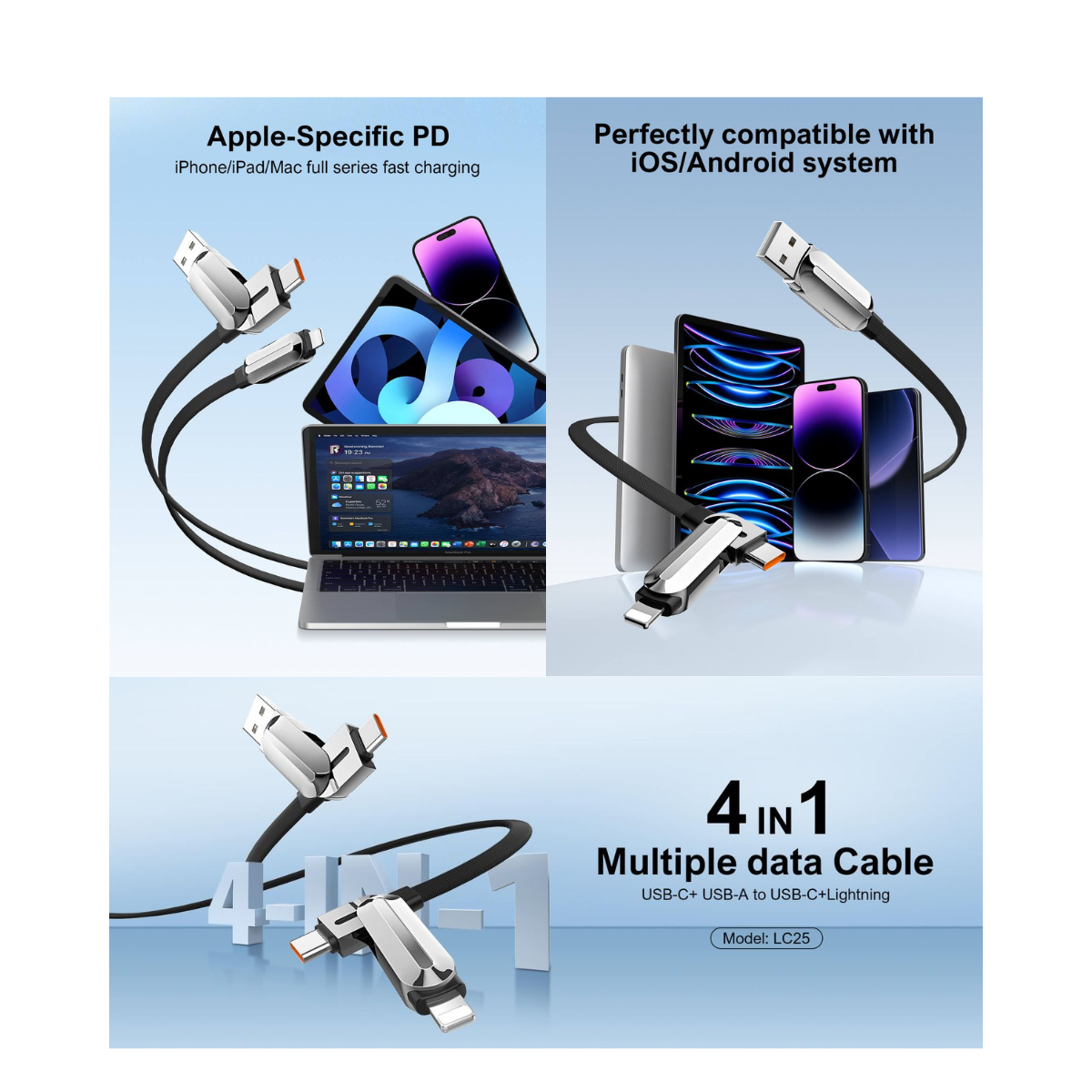 LDNIO LC25 100W 4-in-1 Fast Charging Data Cable | USB-A & USB-C to USB-C & Lightning | PD Fast Charge & Data Sync