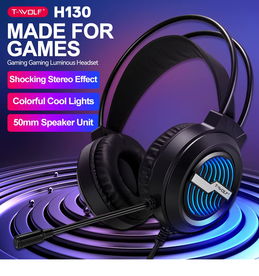 T-WOLF H130 RGB Gaming Headset with Microphone – Wired Stereo Headphones with 50mm Drivers