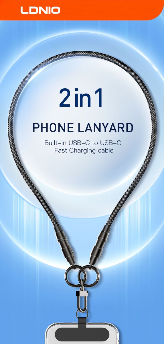 LDNIO LC22C 65W USB-C to USB-C Fast Charging Cable with Phone Lanyard Strap | 30cm Nylon Braided PD Data Cable