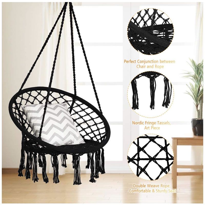 Macrame Hanging Chair Swing for Adults & Kids | Indoor Outdoor Cotton Rope Hammock Chair with Tassels