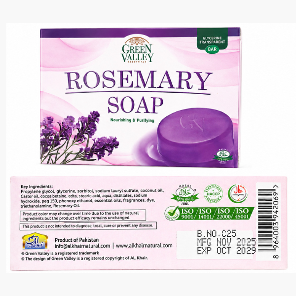 Green Valley Rosemary Glycerine Transparent Soap Bar 90g – Herbal Bath & Body Soap