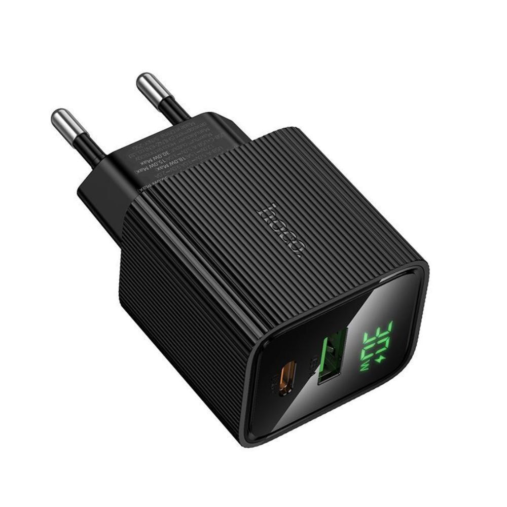 HOCO CS84A 30W GaN Fast Charger with LED Display | USB-C PD 30W + USB-A QC 3.0 Dual Port Wall Charger - Black