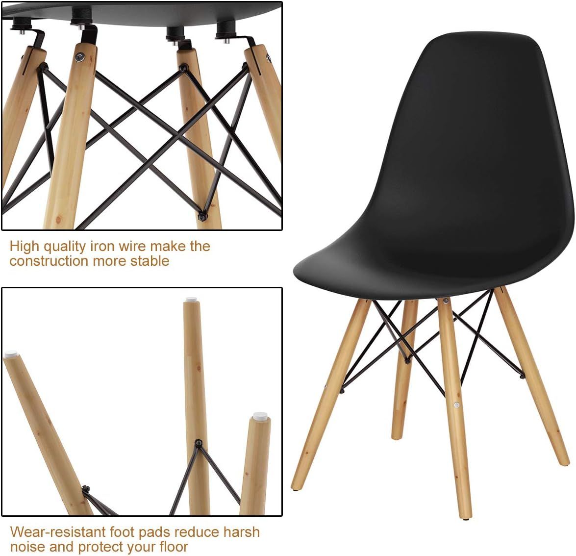 Modern Black Armless Dining Chair with Wooden Legs | Scandinavian Plastic Side Chair for Dining Room, Office & Café