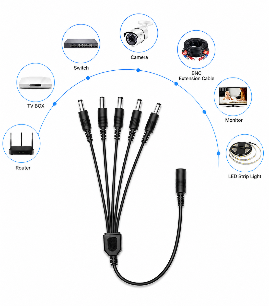 1-to-4 DC Power Splitter Cable for CCTV Cameras 2 Pack Security Systems