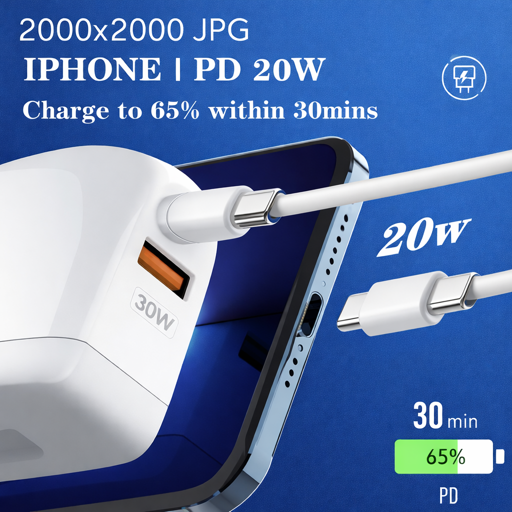 30W Dual Port Fast Wall Charger with USB-C to USB-C Cable | PD & QC 3.0 Fast Charging Adapter (A2522C)