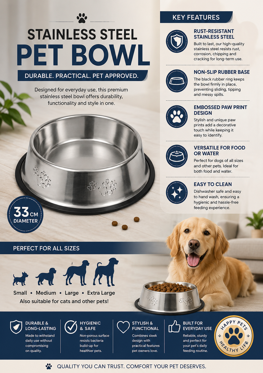 Premium Stainless Steel Dog Feeding Bowl 33cm with Non-Slip Base – Pet Food & Water Bowl