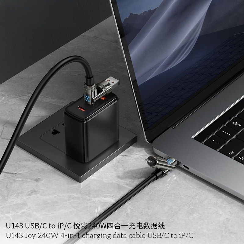 Hoco U143 4-in-1 LED Fast Charging & Data Cable | USB-A & USB-C to Lightning & USB-C Multi Connector Cable