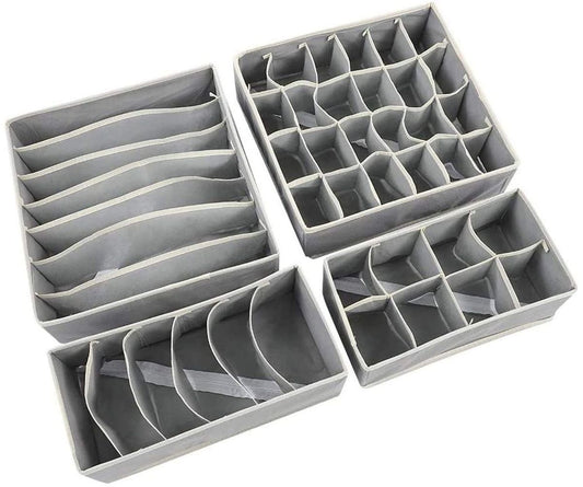 4 Piece Drawer Organizer Set for Underwear, Bras, Socks & Accessories - Foldable Closet Storage Dividers