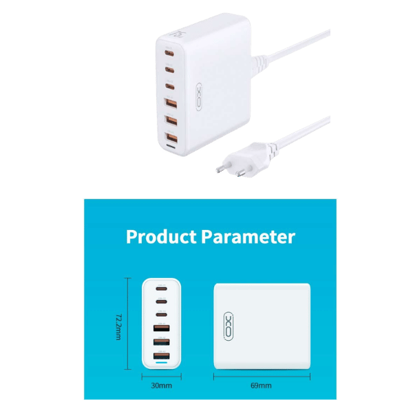 XO C-L133 75W GaN Multi-Port Fast Charger | 3 USB-C + 3 USB-A Desktop Charging Adapter