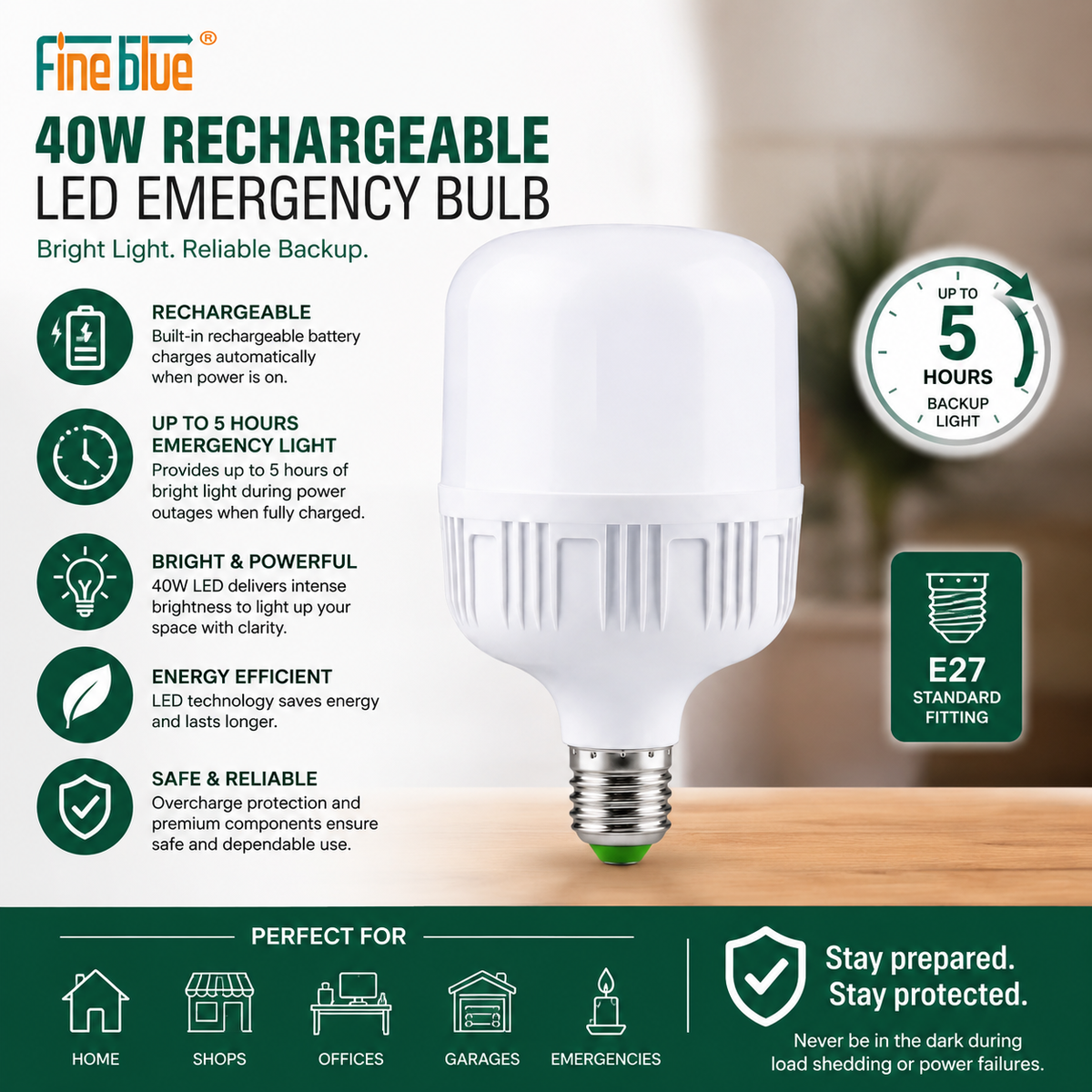 FineBlue 40W Rechargeable LED Emergency Bulb E27 – Load Shedding Backup Light with 4 Hours Battery | 1 Pack