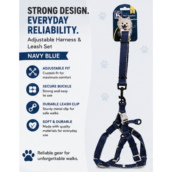 Adjustable Dog Harness & Leash Set – Navy Blue, Comfortable No-Pull Pet Walking Set