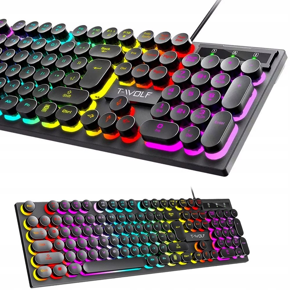 T-WOLF T80 104-Key Retro Punk RGB Gaming Keyboard, USB Wired, Round Keycaps