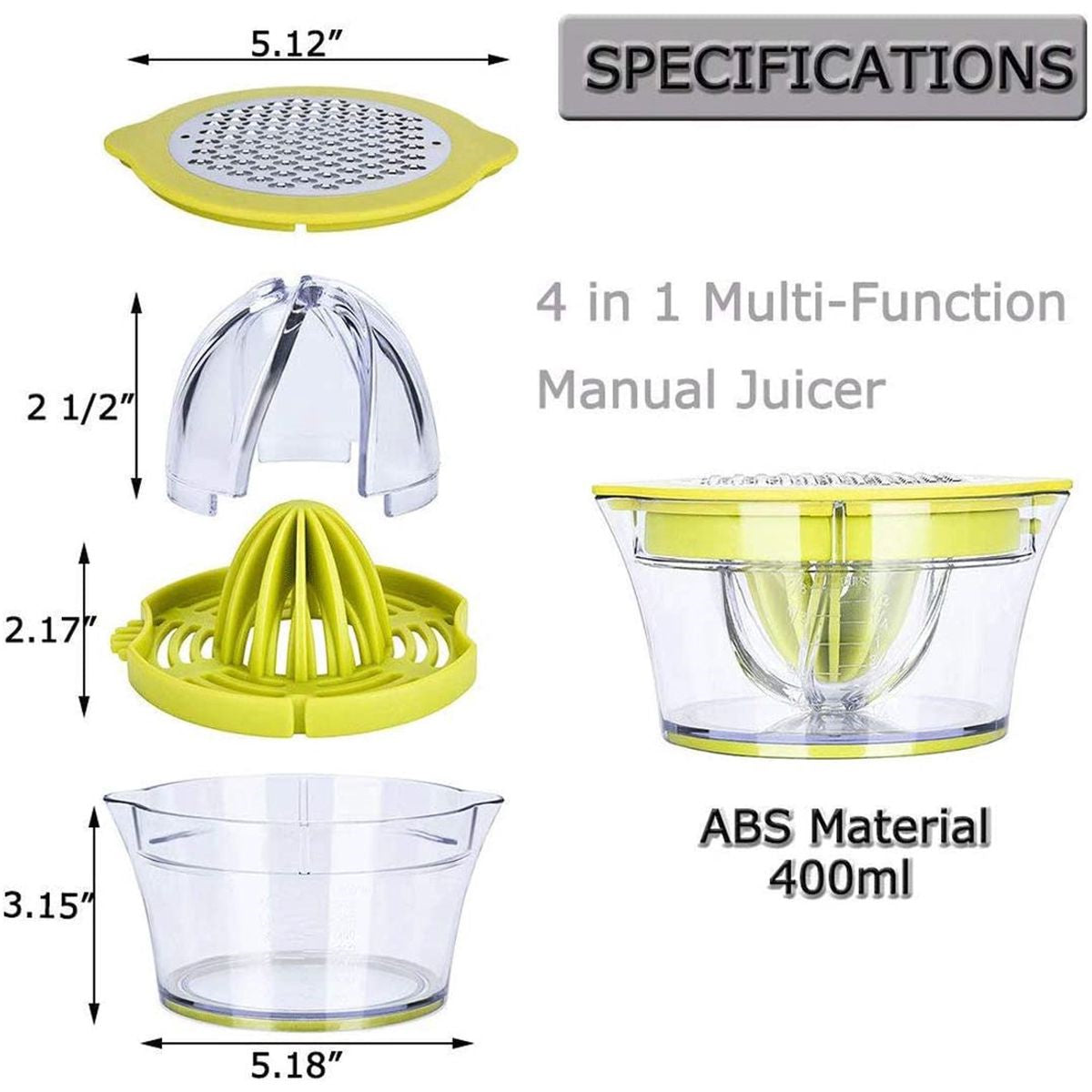 4-in-1 Manual Citrus Juicer with Measuring Cup & Grater | Lemon, Lime & Orange Juice Squeezer - Yellow Green