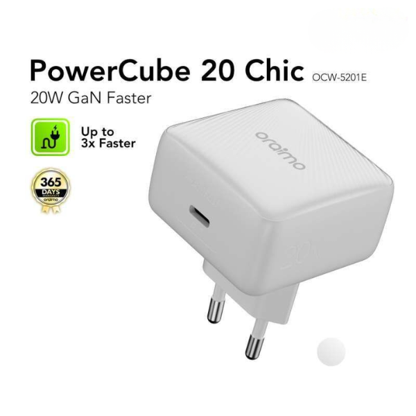 Oraimo 20W GaN USB-C Fast Charger with USB-C to USB-C Cable | PD Fast Charging Travel Adapter (EU Plug)