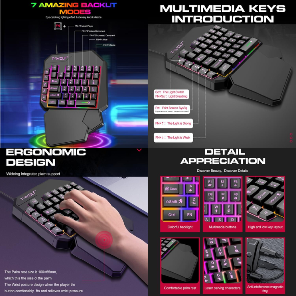 T-WOLF T19 One-Handed RGB Gaming Keyboard with Ergonomic Wrist Rest, USB Wired Keypad