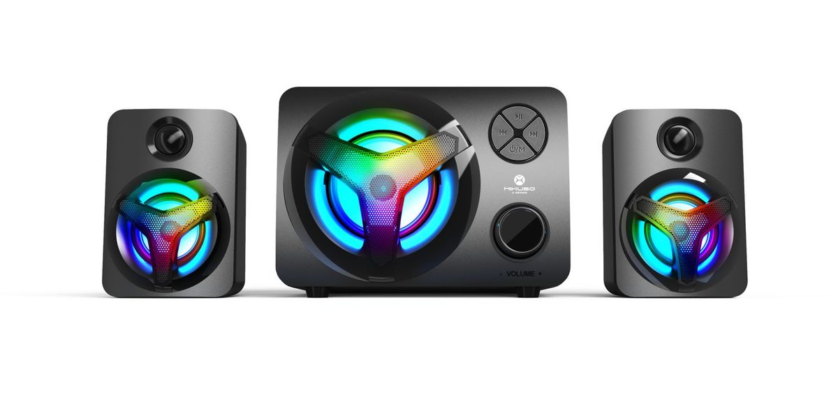 Mikuso SPK-F10 2.1 Channel Bluetooth Speaker System | 16W RGB Subwoofer Desktop PC Speakers with FM Radio, USB, AUX & TF Card