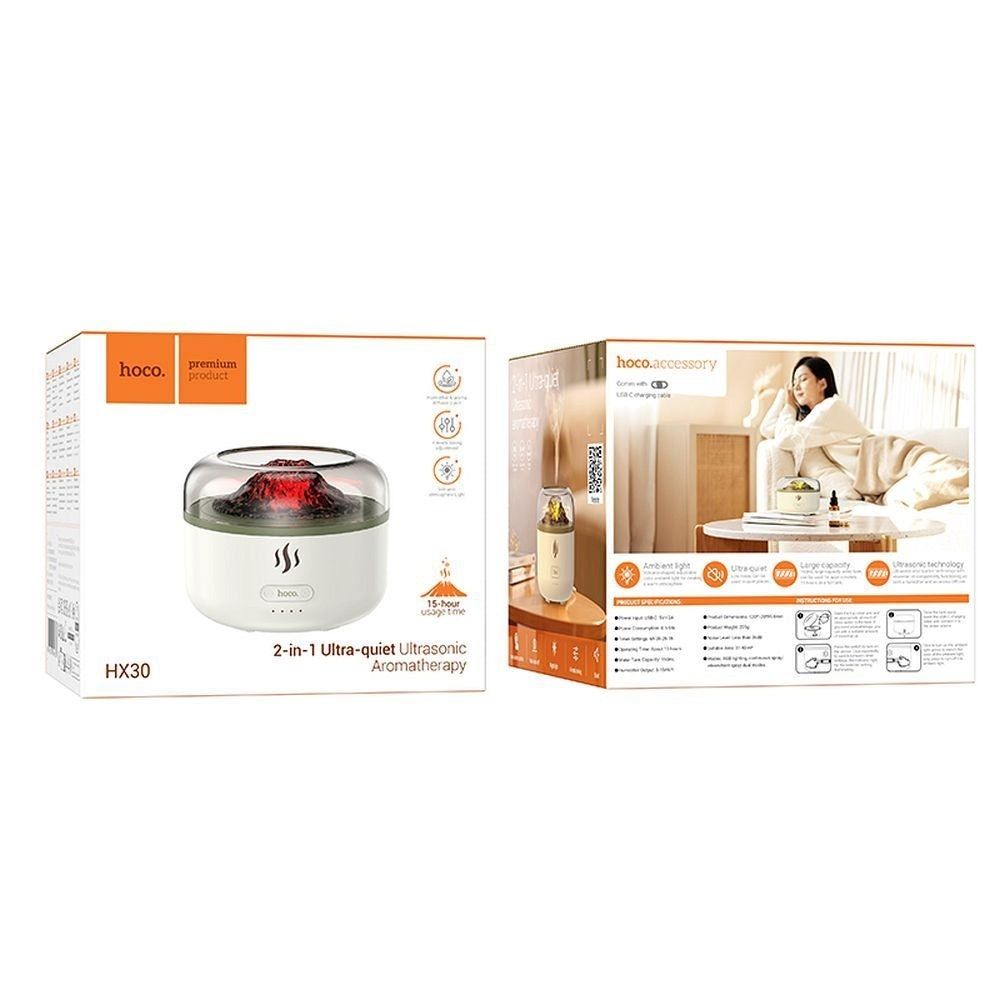 HOCO HX30 Ultrasonic Aromatherapy Diffuser & Humidifier with Volcano Flame Effect LED Light | Ultra Quiet Essential Oil Mist Maker
