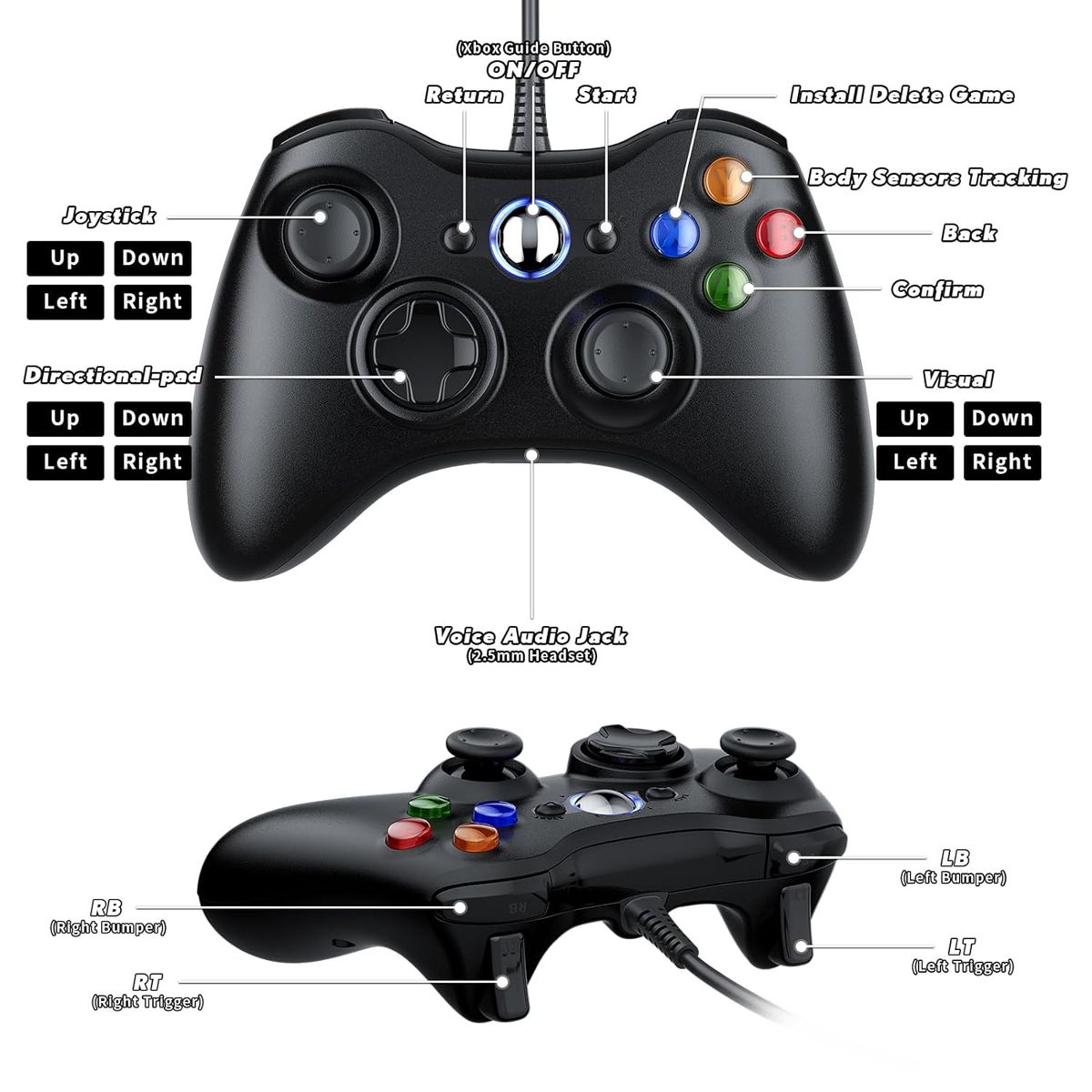 2 Pack Replacement Wired Controllers for Xbox 360 & PC – USB Gaming Gamepads