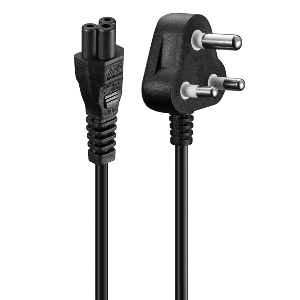 South African 3-Pin Plug to IEC C5 Cloverleaf Laptop Power Cable 1 Metre | Type M to C5 Power Cord for Laptop Chargers, Projectors & Monitors