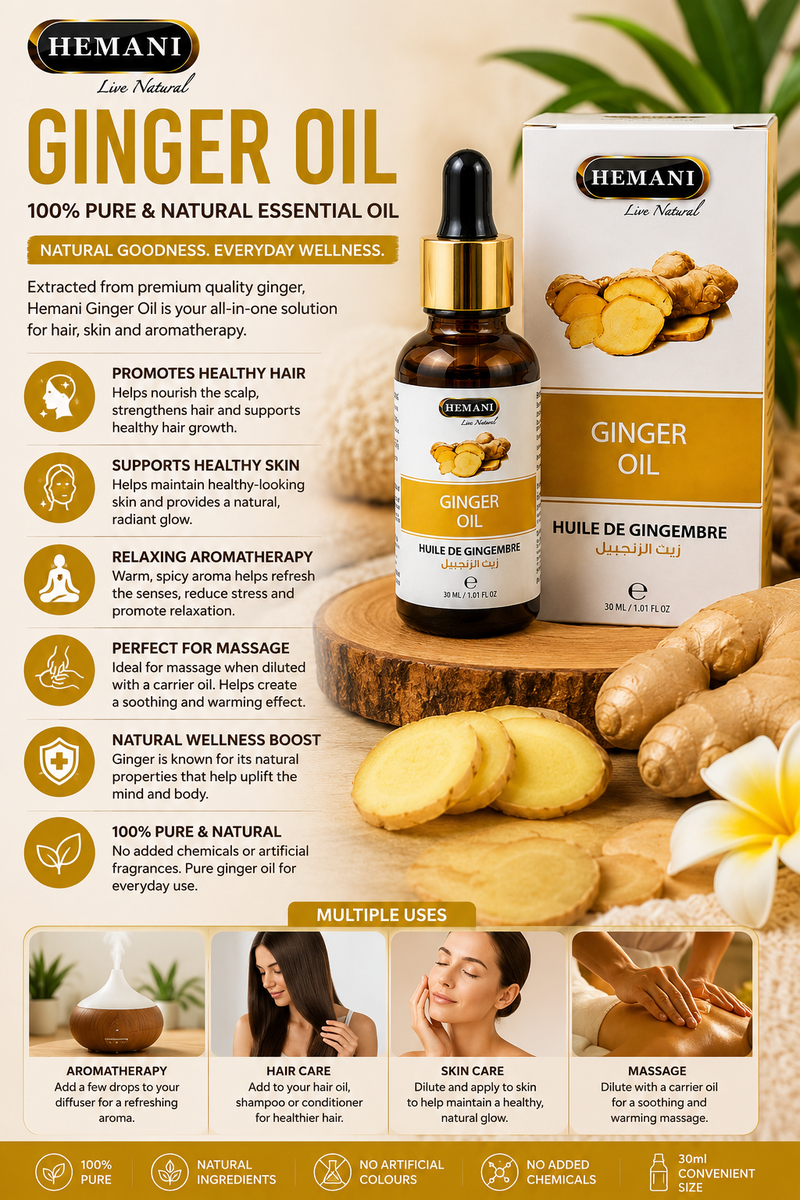 Hemani Ginger Oil 30ml - 100% Pure Natural Essential Oil for Hair, Skin & Body Care