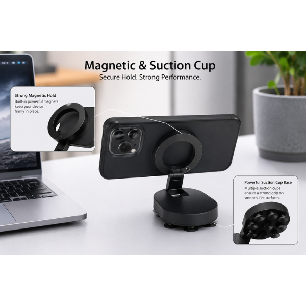 QY76 Magnetic Suction Cup Phone Mount with 360° Magnetic Ring | Desktop Stand & Wall Mount Holder