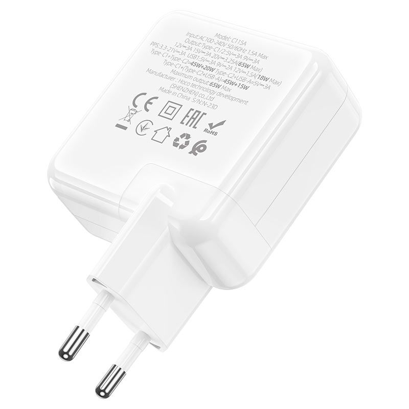 HOCO C115A 65W GaN Fast Charger | Dual USB-C PD + USB-A QC3.0 Wall Charger (EU Plug)