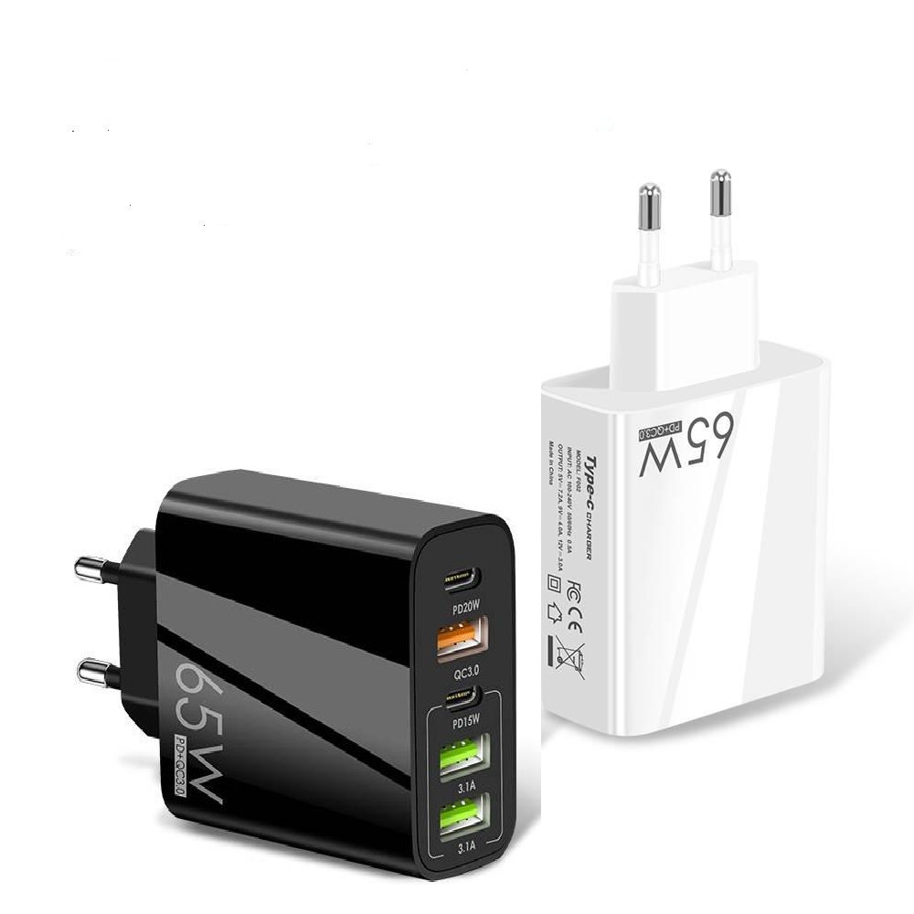 65W PD Fast Charger with 3 USB & 2 USB-C Ports | QC 3.0 Multi-Port USB Wall Charger Adapter - White