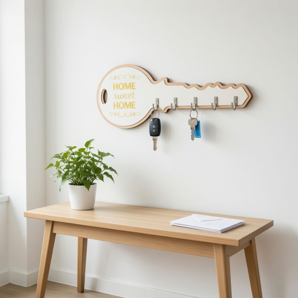 Wooden Key Shaped Wall Mounted Key Holder Rack with 5 Hooks – Decorative Home Sweet Home Organizer for Entryway & Living Room