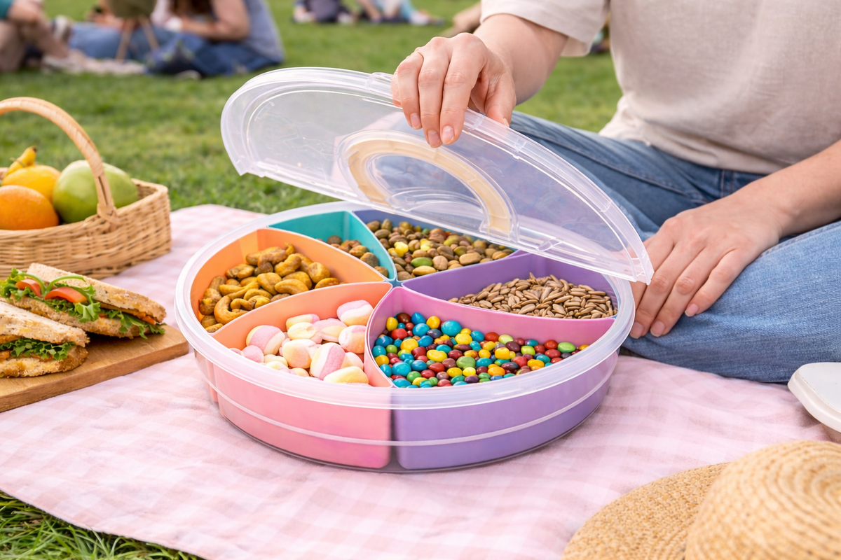 Round 5 Compartment Snack Storage Container with Lid | Multi-Colour Sectional Food Organizer Box