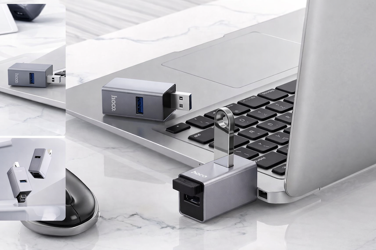 HOCO HB54 USB 3.0 3-Port Hub Adapter | USB-A to 1 USB 3.0 + 2 USB 2.0 Multi USB Splitter for Laptop, PC & Mac