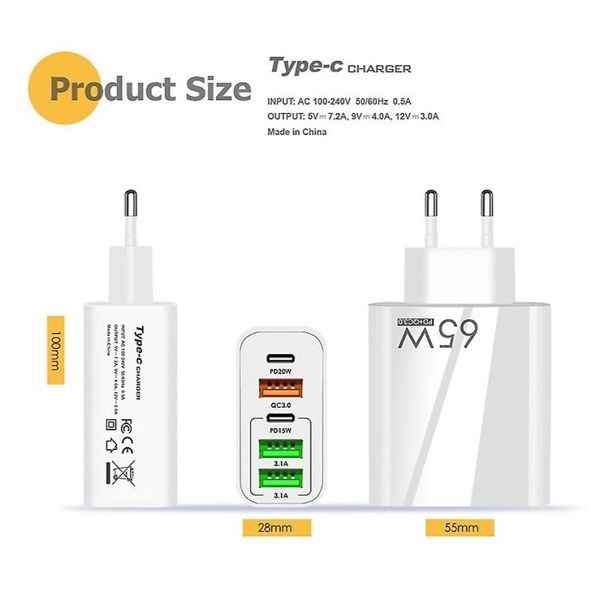 65W Fast Wall Charger with 5 USB Ports | 2 USB-C PD + 3 USB-A QC 3.0 Multi-Port Travel Charger (EU Plug)