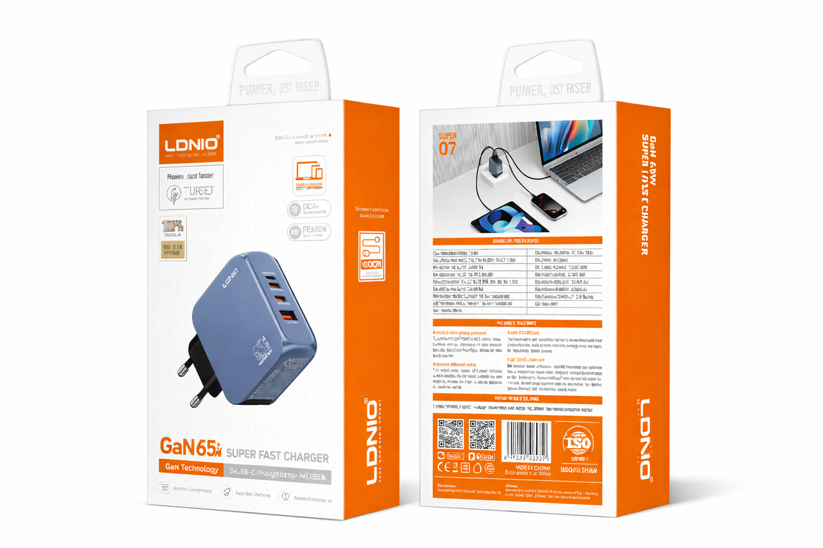 LDNIO Q7 65W GaN Fast Charger | 2 USB-C + 1 USB-A PD Wall Charger for Laptop, iPhone, Samsung & MacBook (EU Plug)