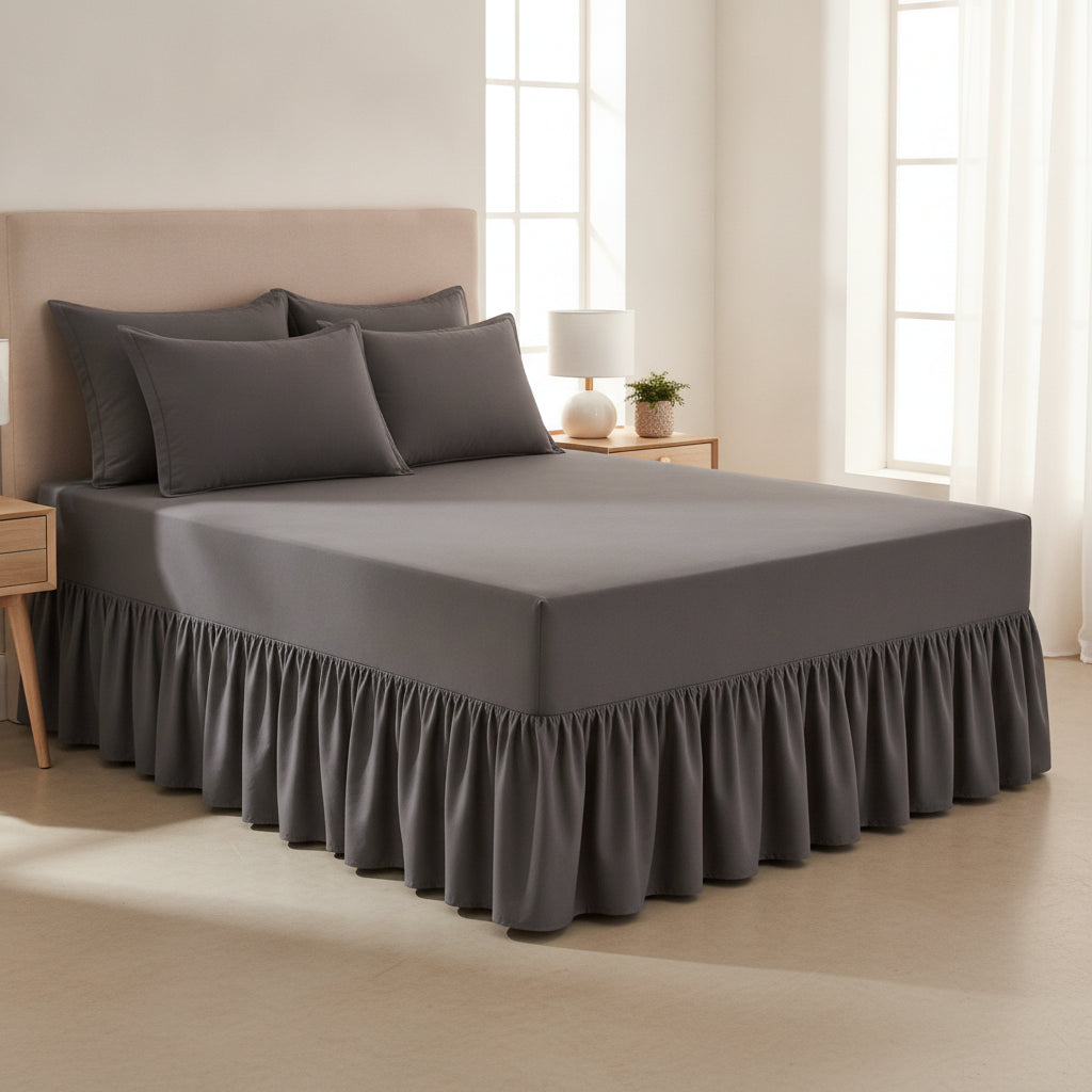 Queen Size Frilled Fitted Sheet Set with 4 Pillow Covers – Soft Ruffled Bed Sheet Set