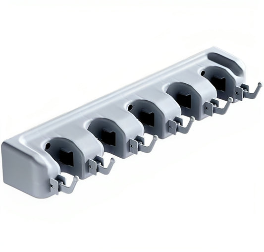 Wall Mounted Broom & Mop Holder with 5 Grip Slots & 6 Utility Hooks | Heavy Duty Organizer Rack