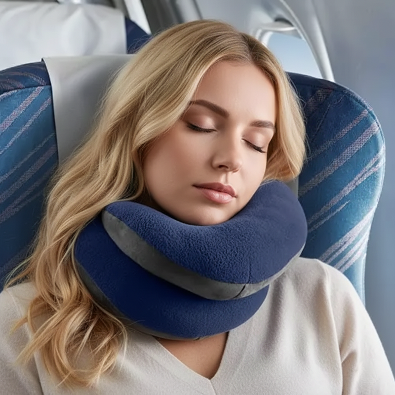 Adjustable Travel Neck Pillow with Head & Neck Support and Carry Pouch - Navy Blue