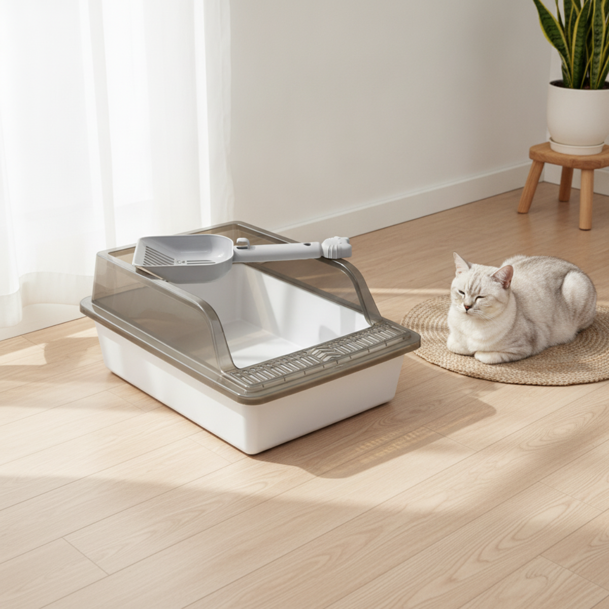 Enclosed Cat Litter Box with Scoop – Covered Kitty Toilet Tray for Cats, White