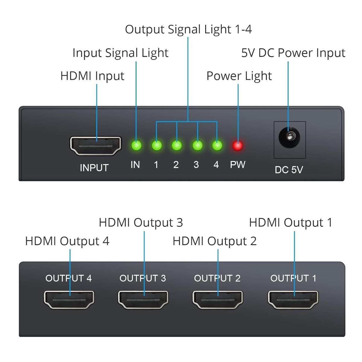 4 Port HDMI Splitter 1 Input 4 Output | 4K x 2K Ultra HD & Full HD 1080P HDMI 1.4 Splitter with Power Adapter