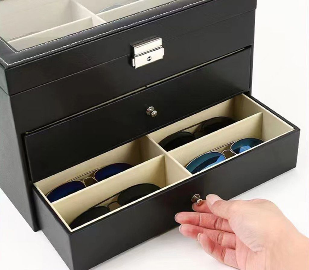 18-Compartment 3-Layer Glasses, Watch & Jewellery Storage Box with Lock - Premium Organizer Display Case