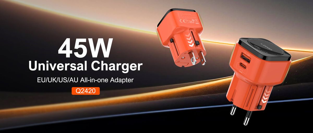 LDNIO Q2420 45W Universal Travel Fast Charger with USB-C & USB-A | EU/US/UK/AU Plug + USB to USB-C Cable (1M)