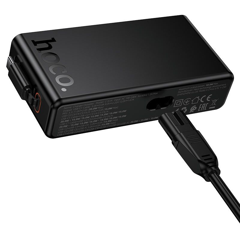 HOCO C151A 50W GaN 7-Port Desktop Fast Charger | Built-in USB-C Cable, 6 USB-C + 1 USB-A Charging Station