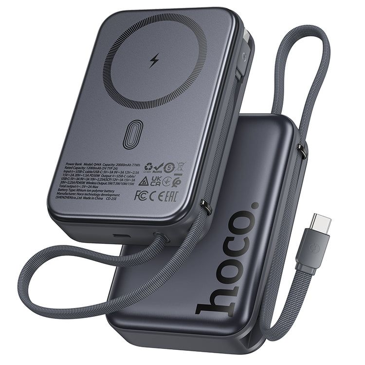 HOCO Q44A 20000mAh Magnetic Wireless Power Bank 45W PD Fast Charging with Built-in USB-C Cable & Qi Wireless Charging – Black