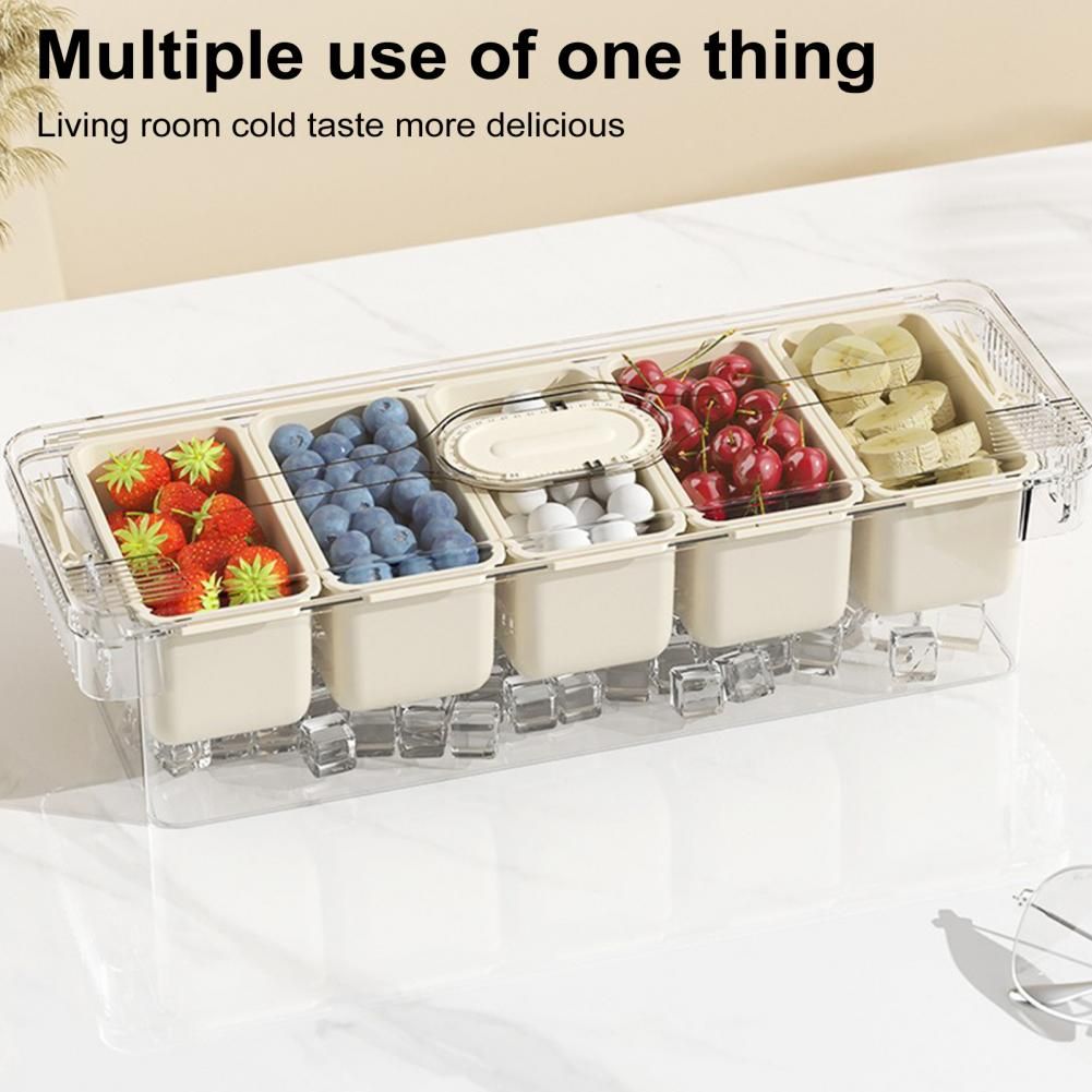 5 Grid Food Storage Container with Lid & Serving Tongs | Multi-Section Fruit, Snack & Dry Food Organizer Box