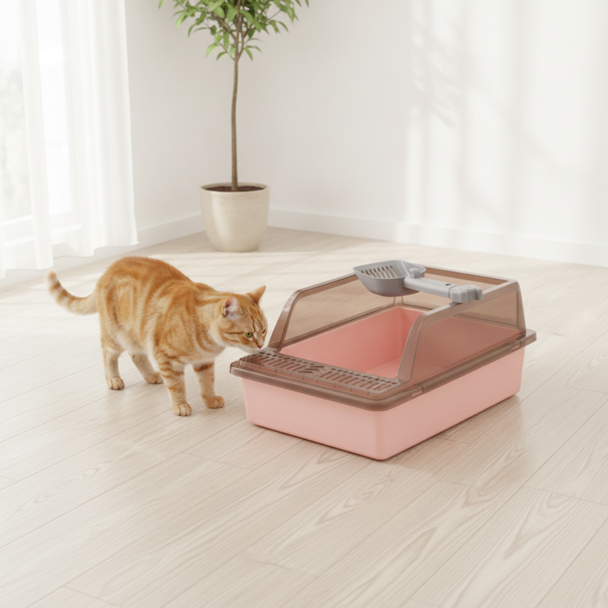 Enclosed Cat Litter Box with Scoop – Covered Kitty Toilet & Cat Litter Tray, Pink