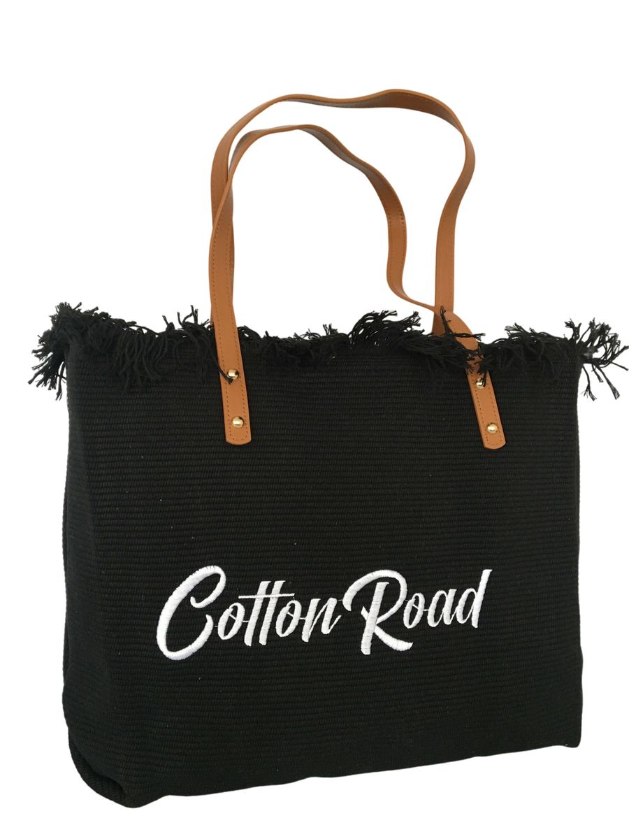 Cotton Road 15L Pure Cotton Tapestry Beach Bag - Black Large Shoulder Tote