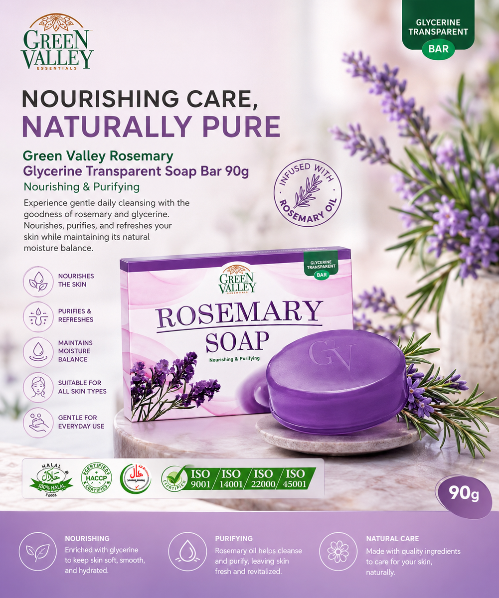 Green Valley Rosemary Glycerine Transparent Soap Bar 90g – Herbal Bath & Body Soap