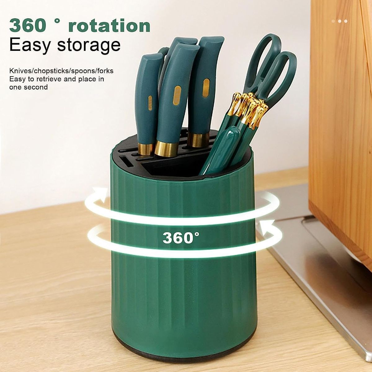 360° Rotating Knife Holder & Kitchen Utensil Organizer | Multifunctional Countertop Storage Stand - Green