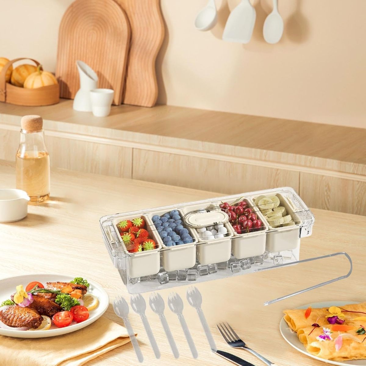 5 Grid Food Storage Container with Lid & Serving Tongs | Multi-Section Fruit, Snack & Dry Food Organizer Box